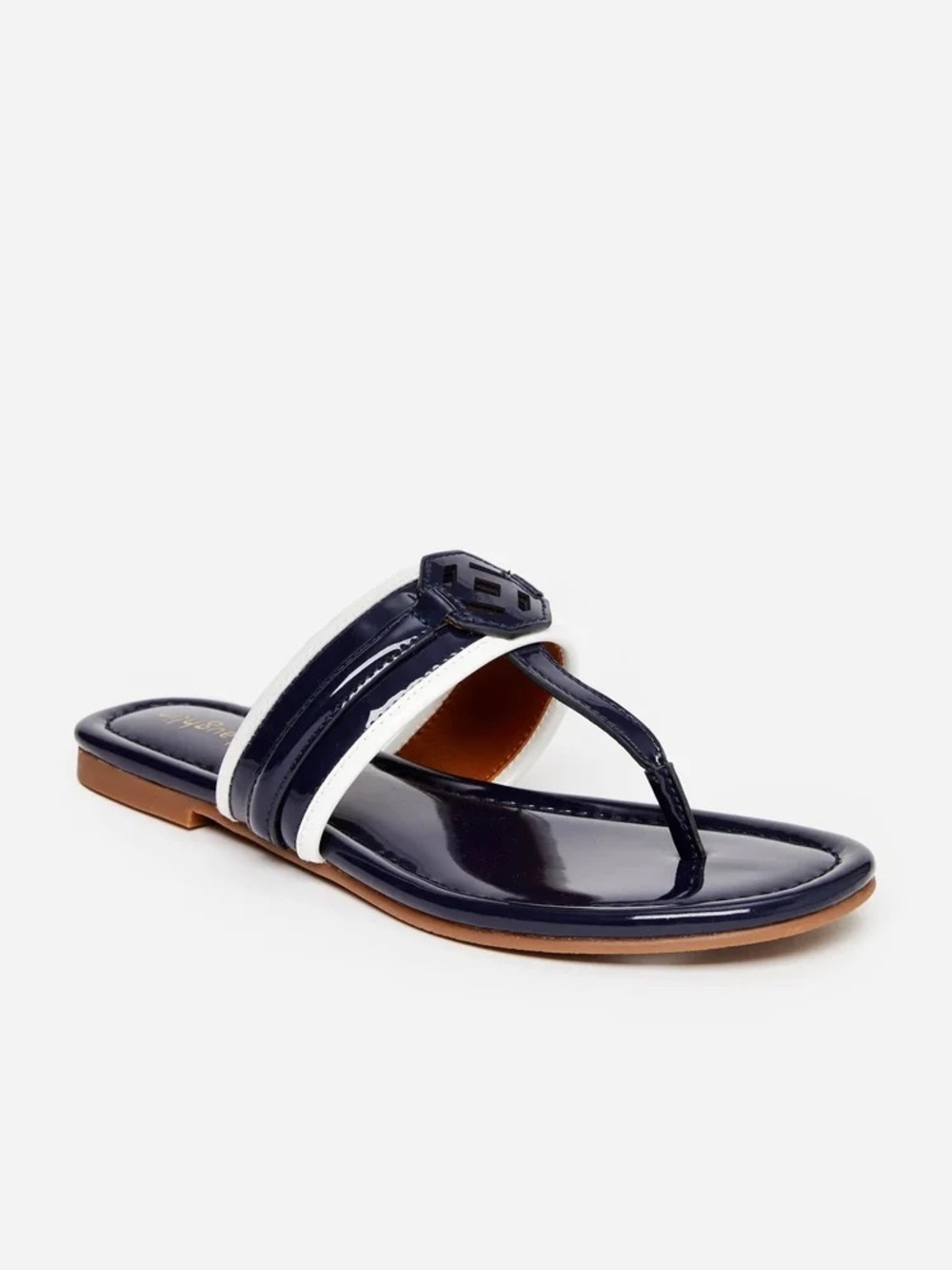 J. McLaughlin Navy Patent Leather Thong Sandals with White Trim - Picture 2 of 13